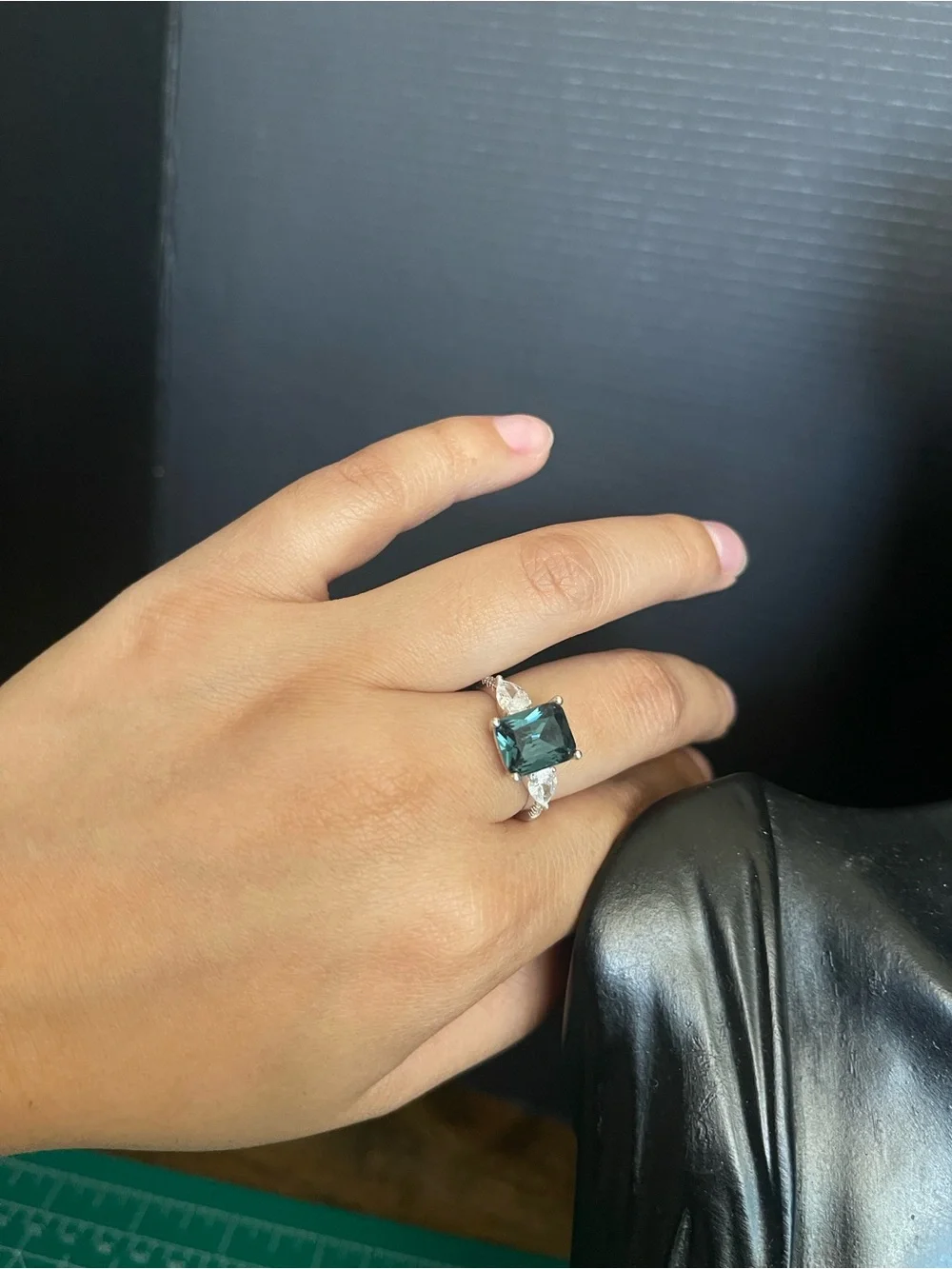 Silver tone emerald cut sapphire color gem statement ring size 6 3/4